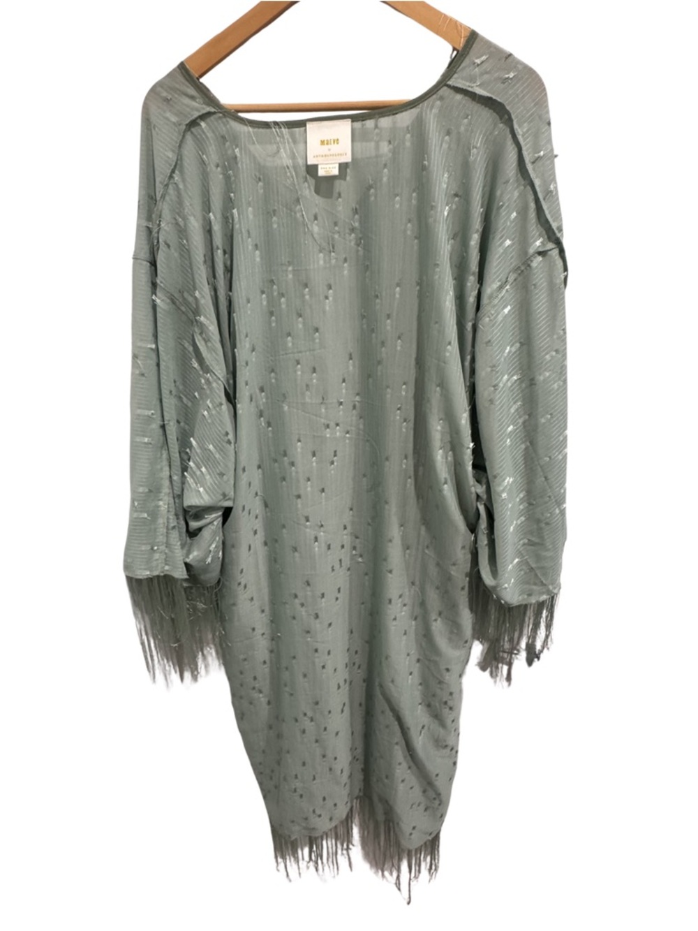 Anthropologie Maeve Fringed Shine Kaftan Sage Green Metallic Fringe Cover Up OS - Picture 6 of 9